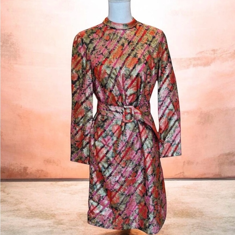 Pink Metallic Floral Long Sleeve Belted Dress From British Designer Dynasty